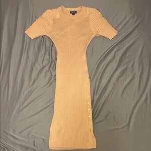 Say What Tan Ribbed Midi Dress with Button Details